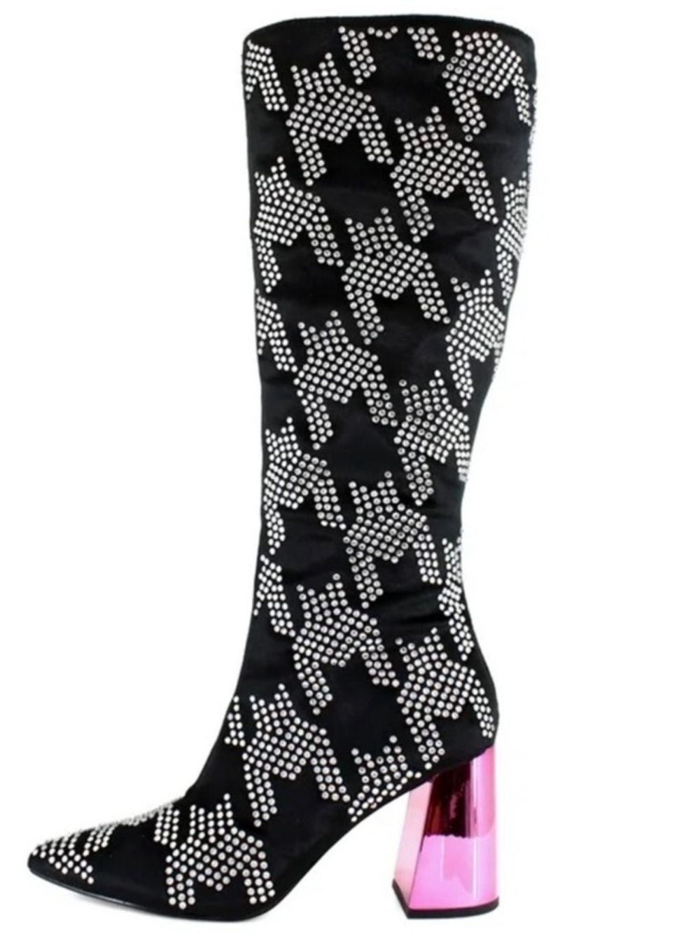 Betsey Johnson Naomy Rhinestone Houndstooth pink block heelTall Boots 6 NWOT